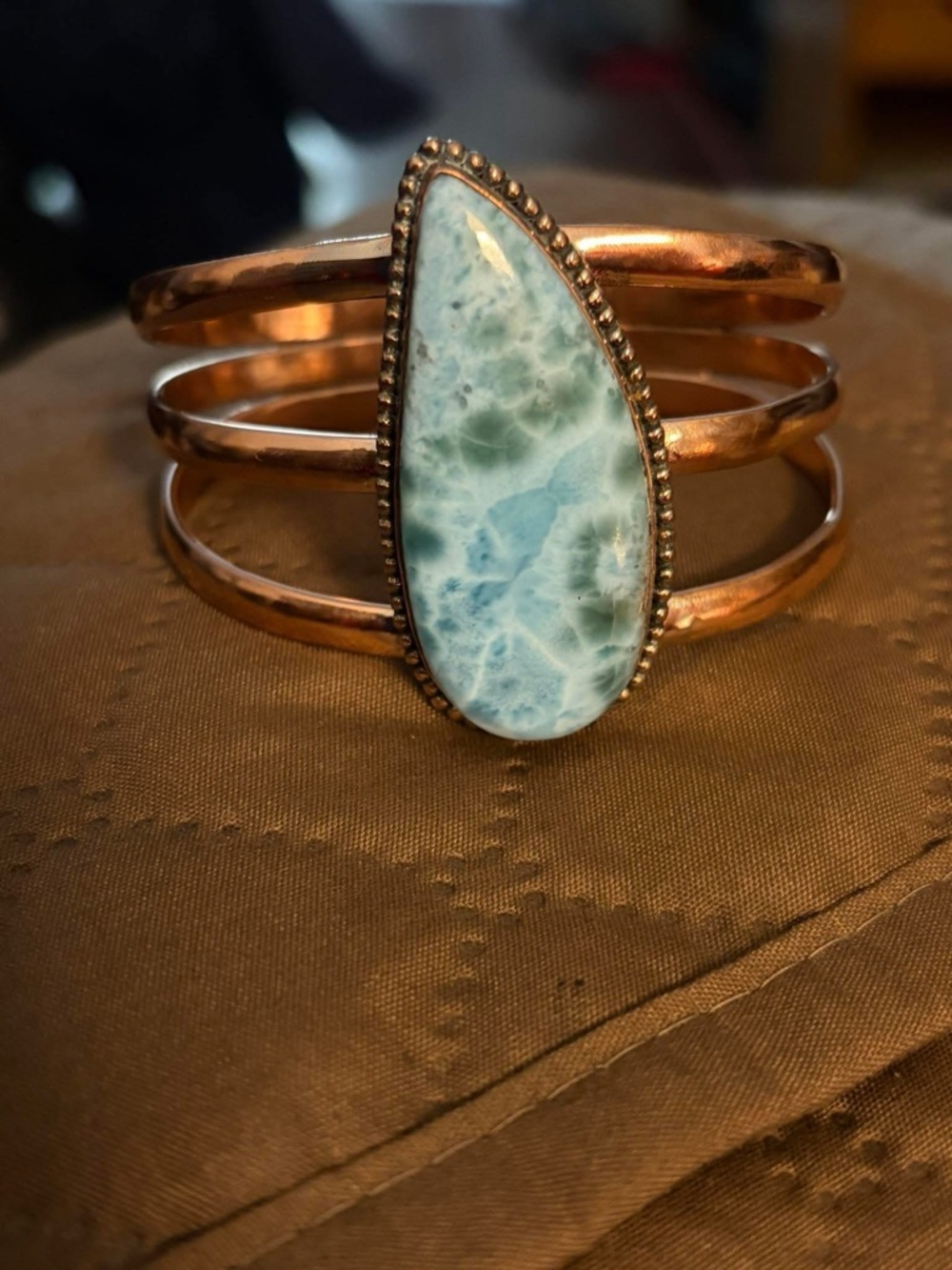 Copper Cuff Bracelet with Teardrop Blue Larimar Stone